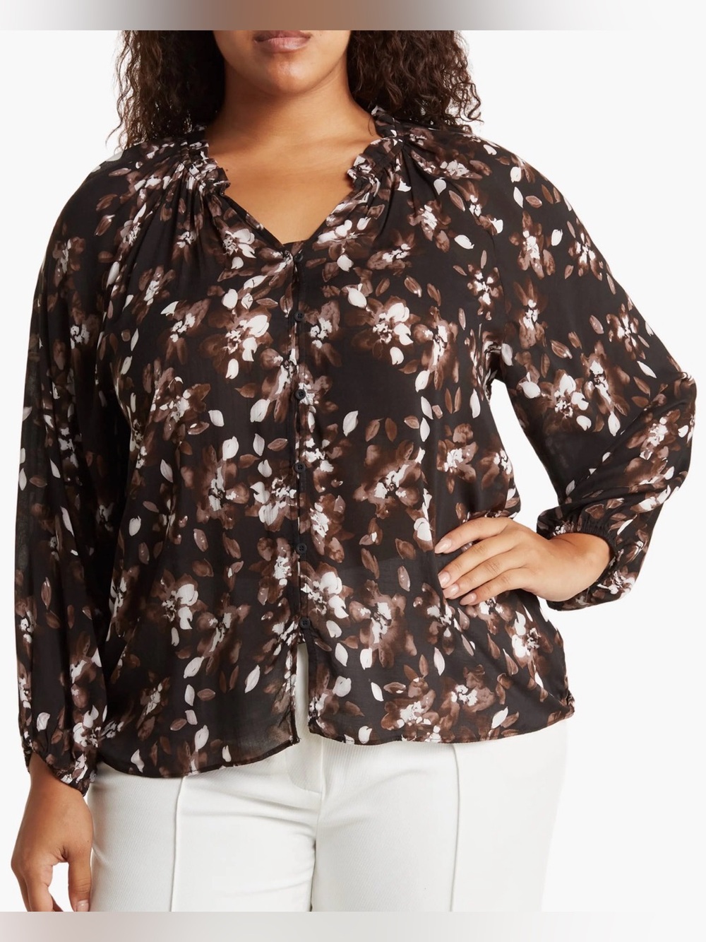 T Tahari Ruffled V-Neck Button-Down Blouse